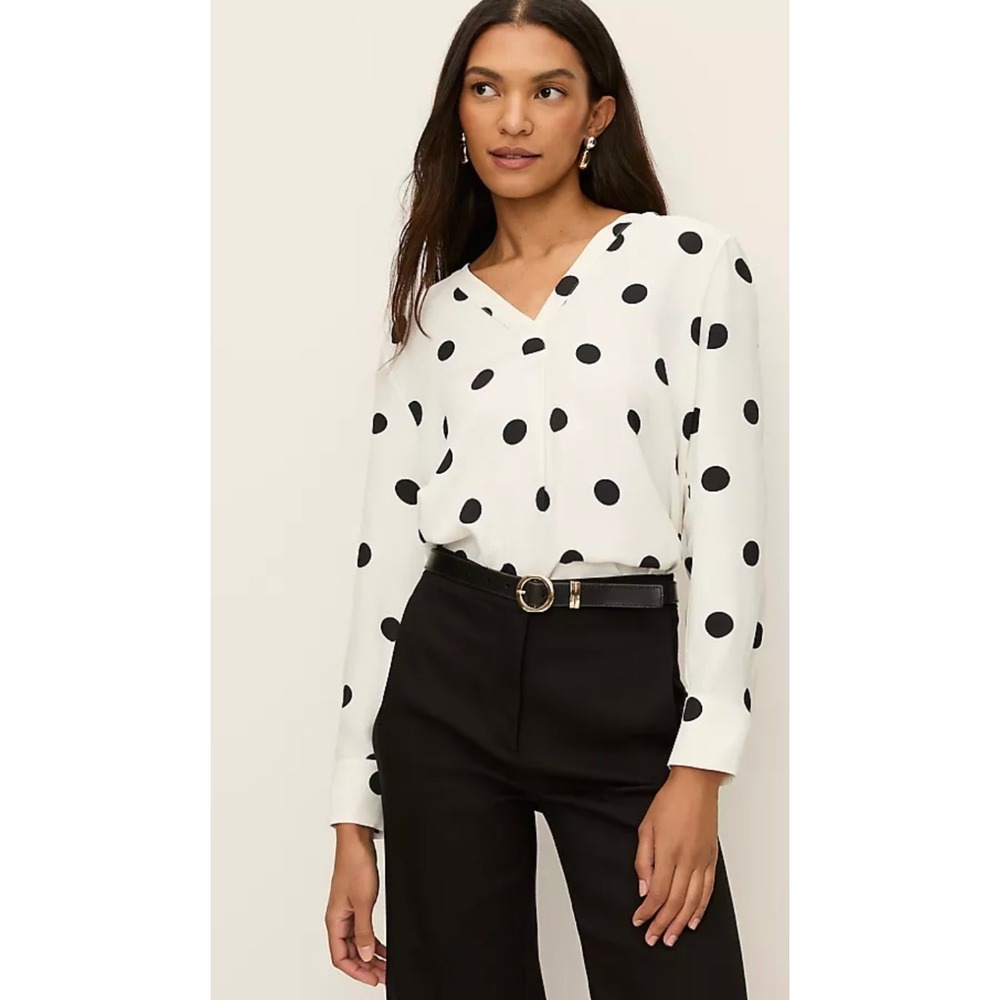 LOFT Womens Polka Dot V-Neck Blouse White Black Long‎ Sleeve Top Size S